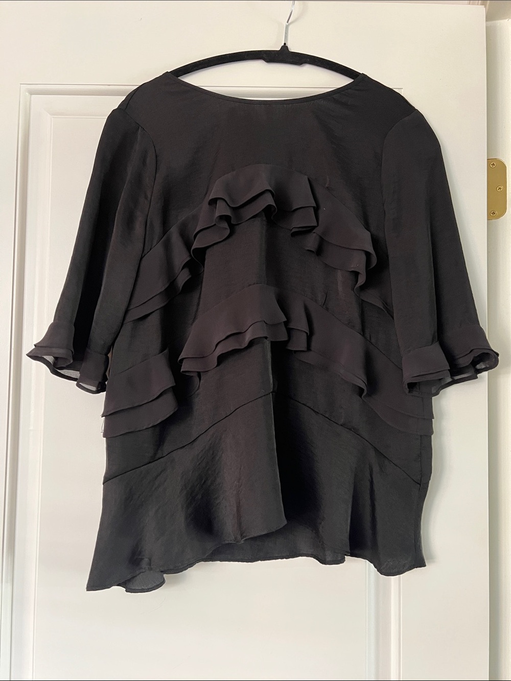 Who What Wear Black Ruffled Silk-Feel Blouse